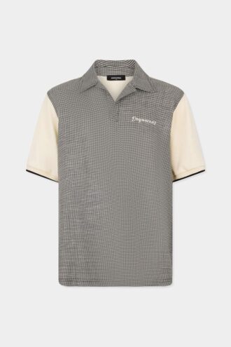 Polo en laine vierge et lin à motif pied-de-poule