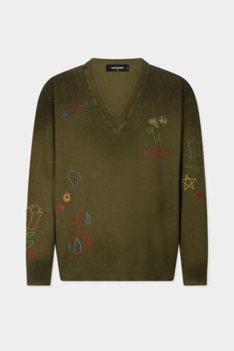 Pull à col en V avec motifs griffonnés faits main