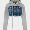 Sweat à capuche hybride court en mélange de denim délavé déchiré