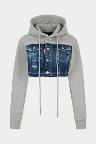 Sweat à capuche hybride court en mélange de denim délavé déchiré