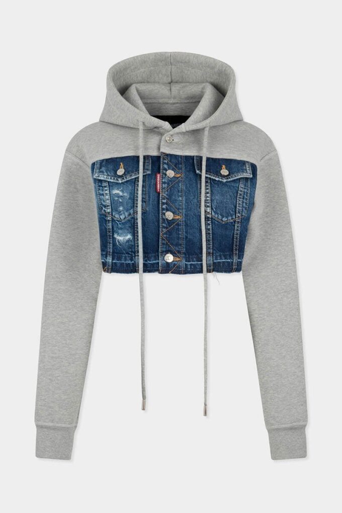 Sweat à capuche hybride court en mélange de denim délavé déchiré