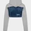Sweat à capuche hybride court en mélange de denim délavé déchiré