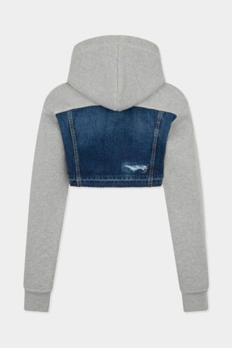 Sweat à capuche hybride court en mélange de denim délavé déchiré