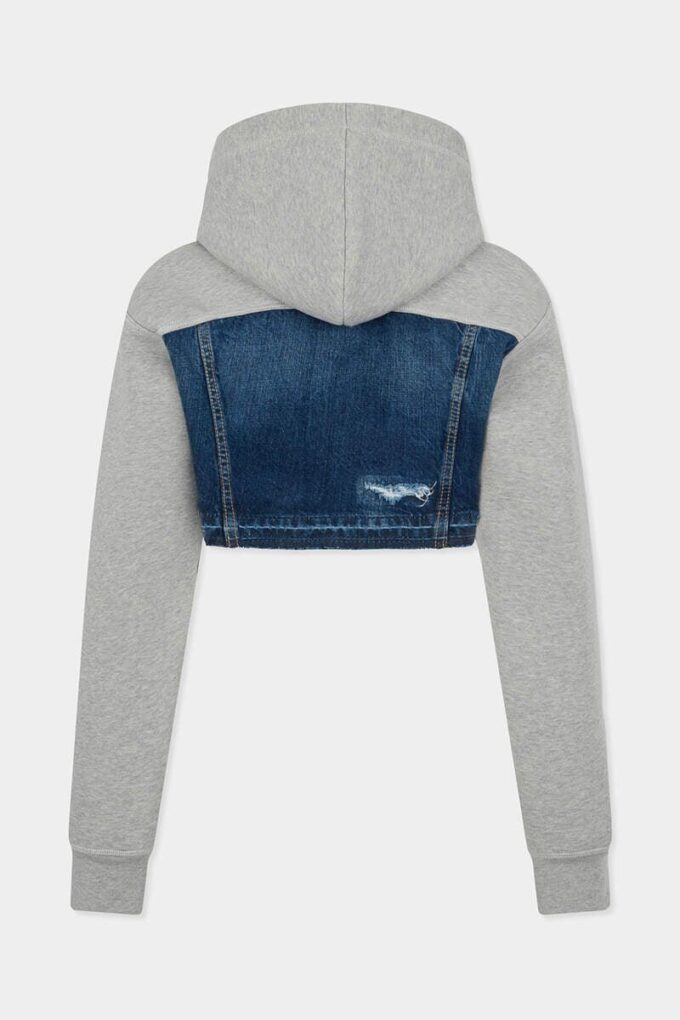 Sweat à capuche hybride court en mélange de denim délavé déchiré