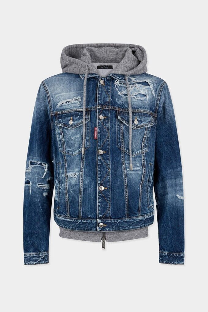 Veste en jean délavée à déchirures moyennes Veste en jean délavée à déchirures moyennes