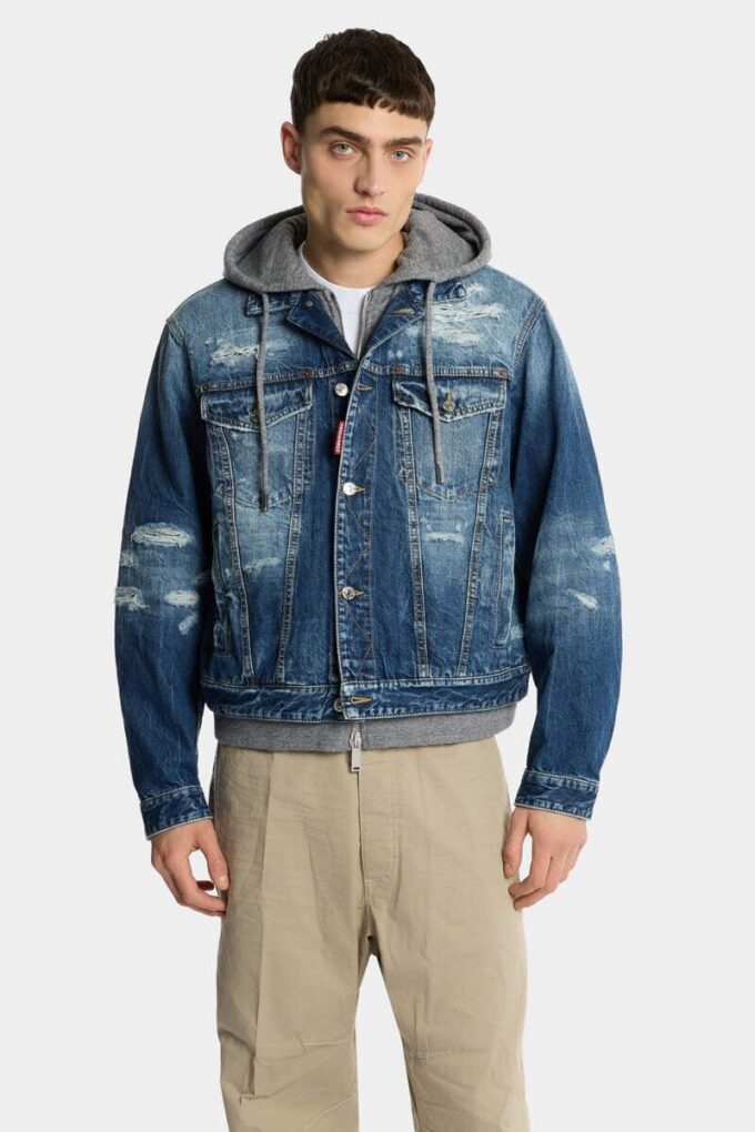 Veste en jean délavée à déchirures moyennes Veste en jean délavée à déchirures moyennes